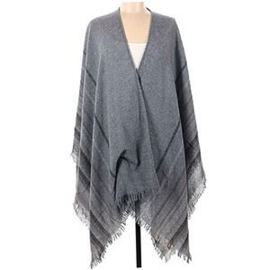 Eileen Fisher Wool Blend Fringe Trim Striped Poncho